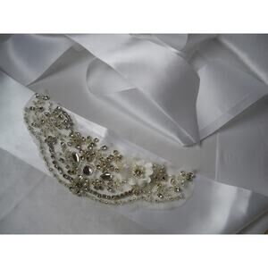 White rhinestone bridal wedding dress belt sash, flower bridal white belt sash